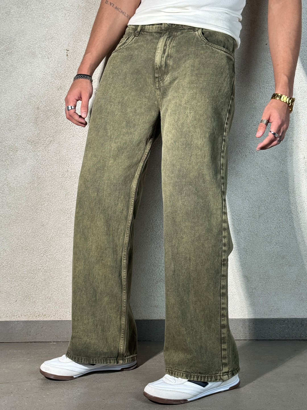 Off Duty India Men Sage Rust Wide Leg Jeans