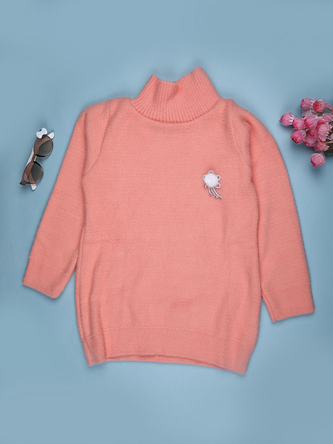 V-Mart Girls Turtle Neck Cotton Pullover with Embellished Detail