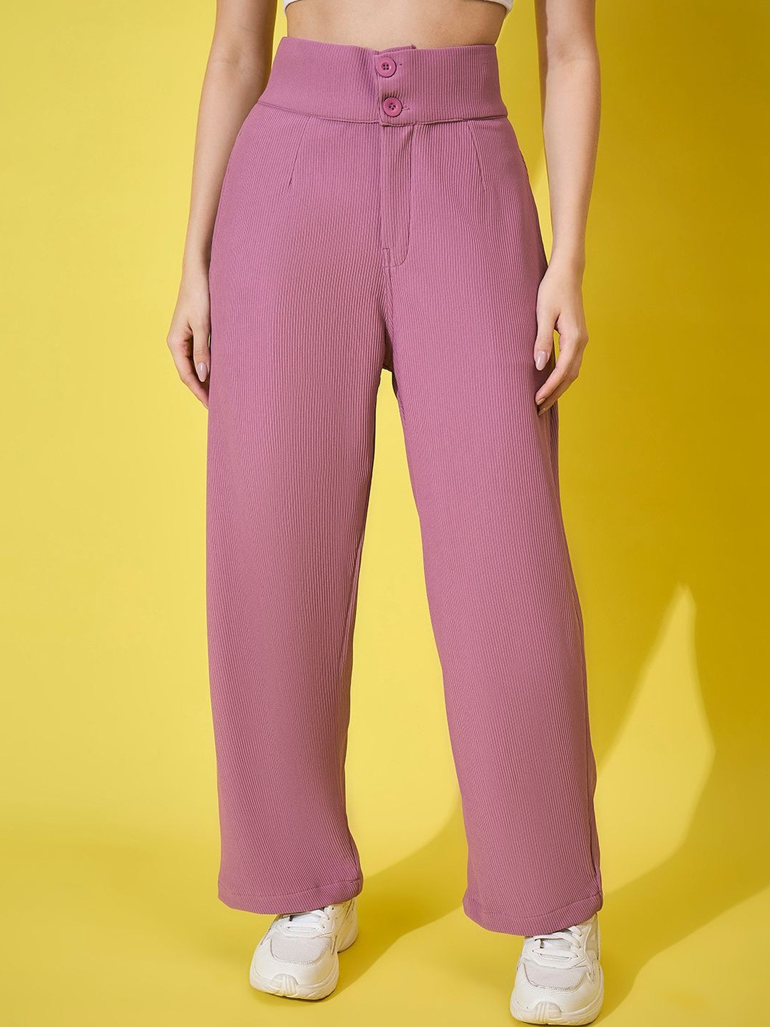 DIMPY GARMENTS Women Comfort Textured High-Rise Regular Fit Trousers