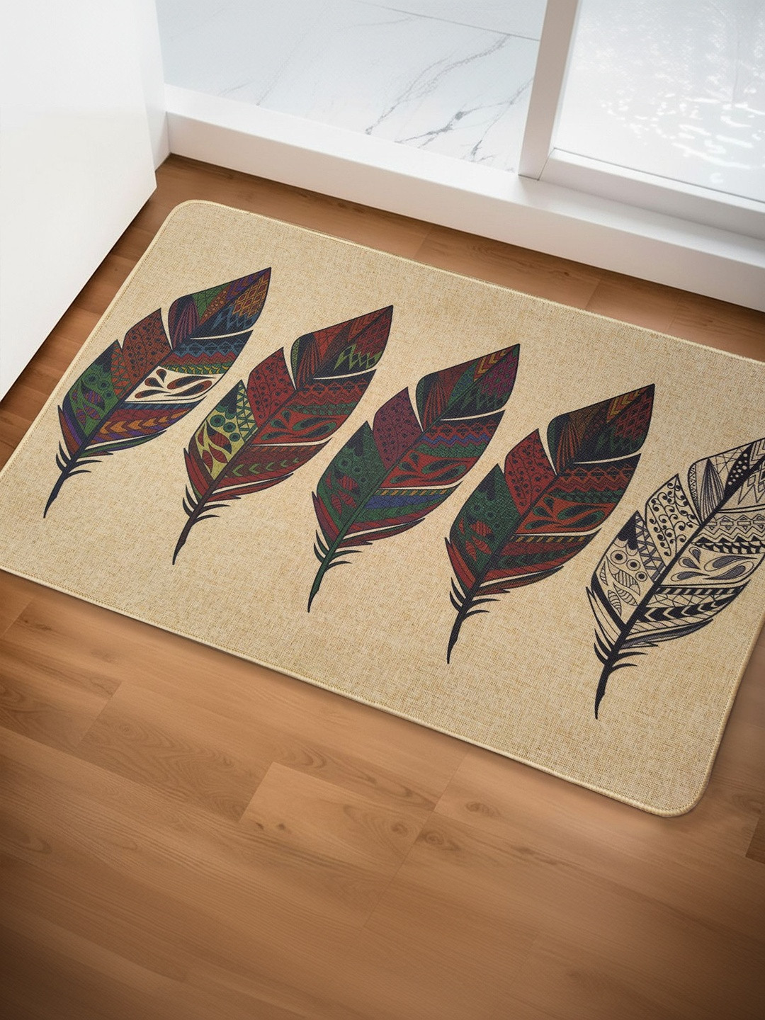 Yellow Weaves Brown & Red Printed Anti-Slip Super-Absorbent 300-GSM Bath Rug