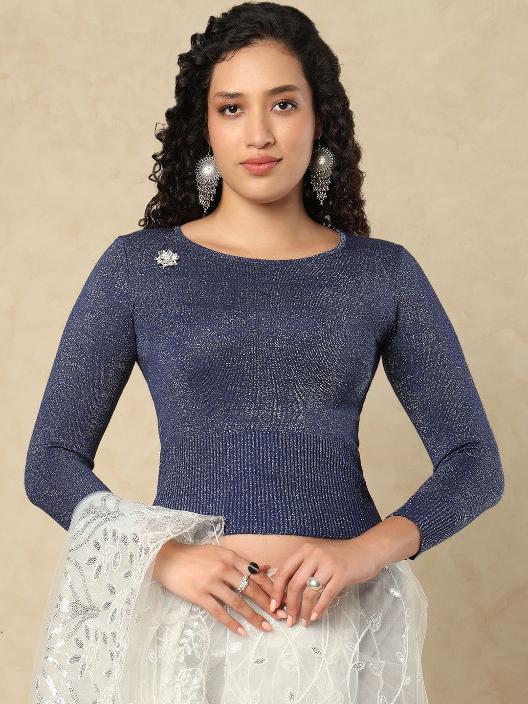 SALWAR STUDIO Blue Round Neck Full Sleeves Winter Blouse