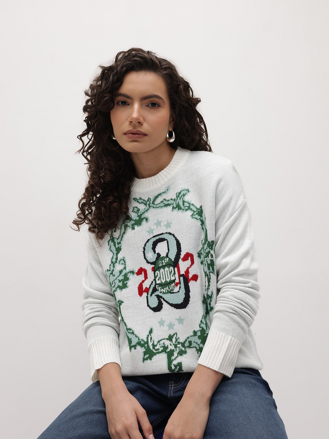 The Roadster Life Co. Graphic Self-Design Round Neck Pullover