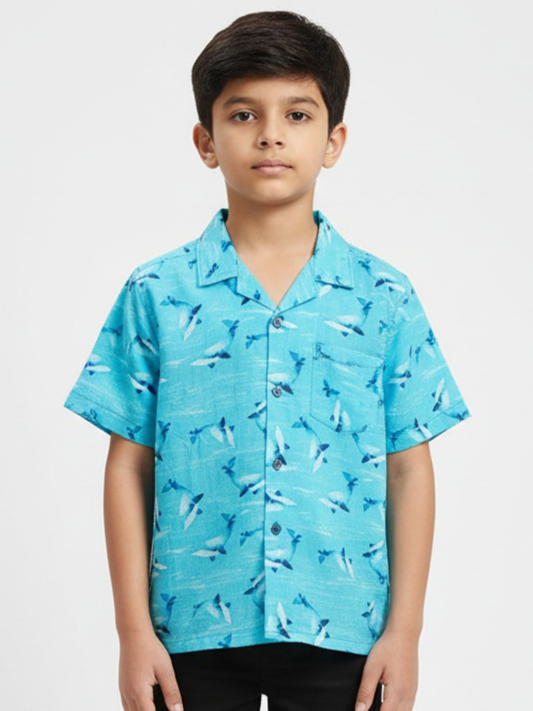The Lion and Fish Boys Relaxed Fit Conversational Printed Cuban Collar Casual Shirt