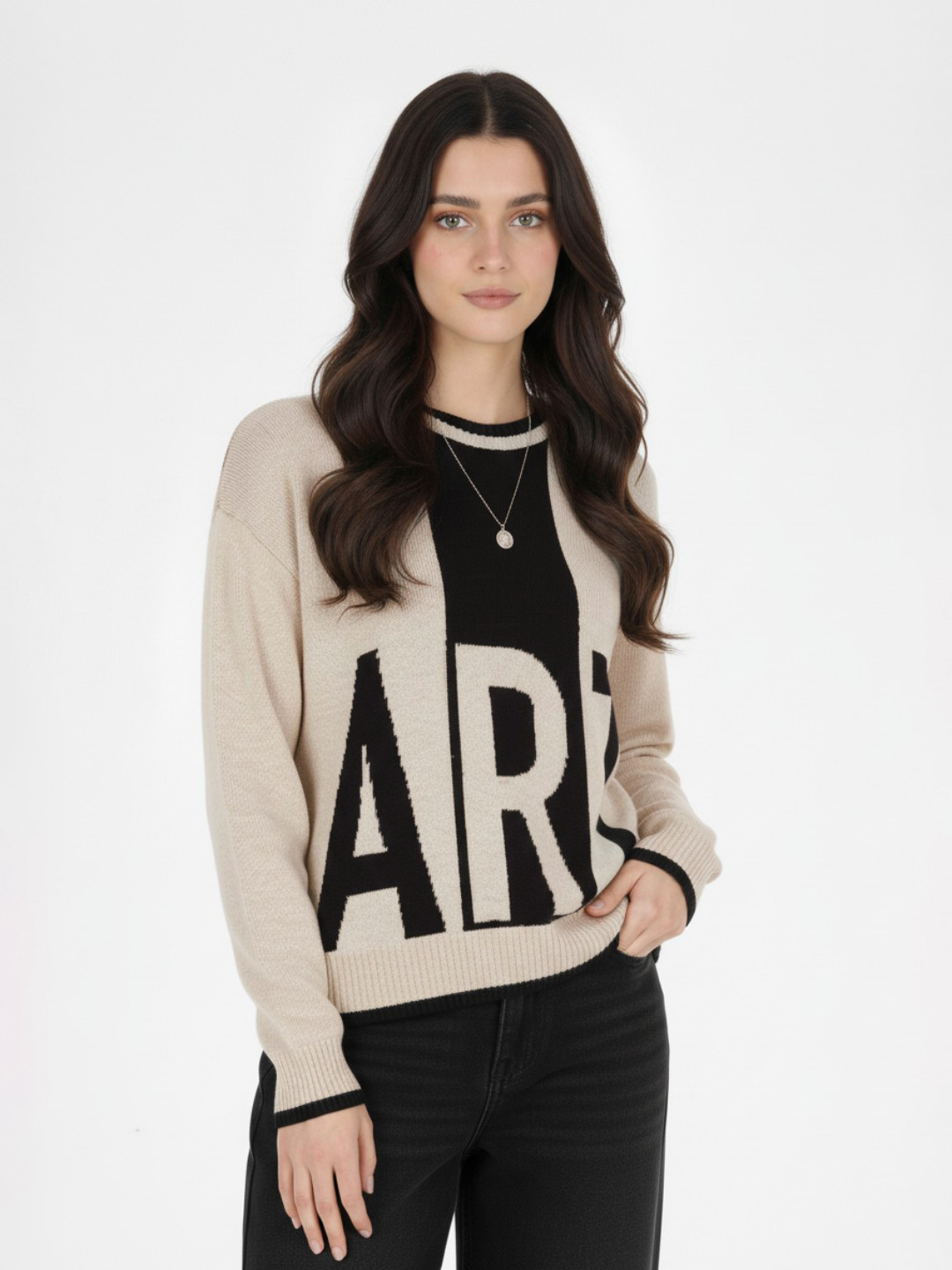 glitchez Self Design Typography Drop-Shoulder Sleeves Oversized Pullover Sweater