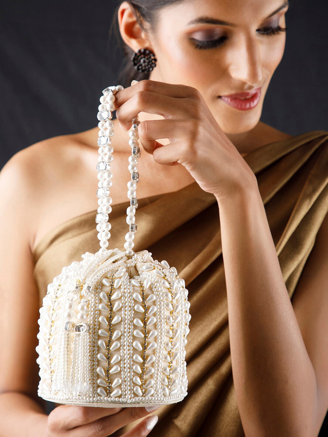 Rubans Handcrafted Off-White Pearl & Gold Embellished Potli Bag with Beaded Handle