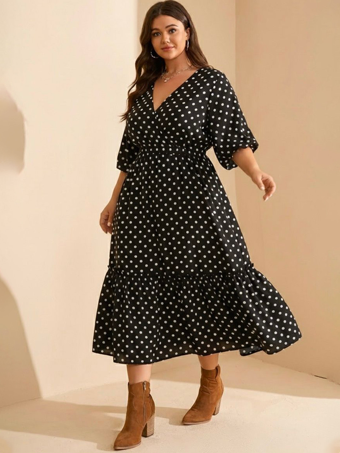 Samsara Couture Polka Dot Print Flared Sleeve Crepe Fit & Flare Midi Dress