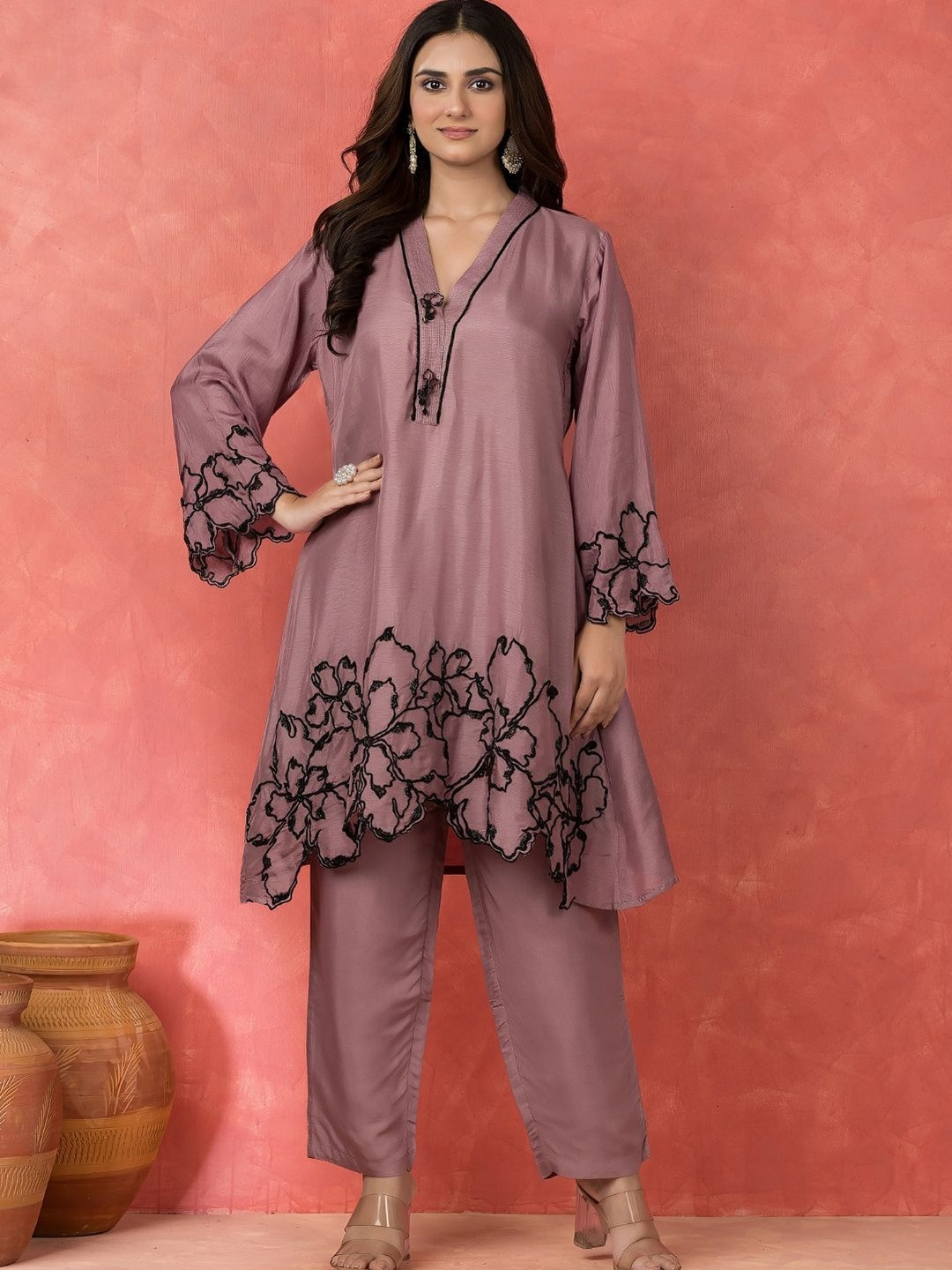 SACRED SUTA Embroidered Sacredsuta Designer V-Neck Top With Trousers Co-Ords