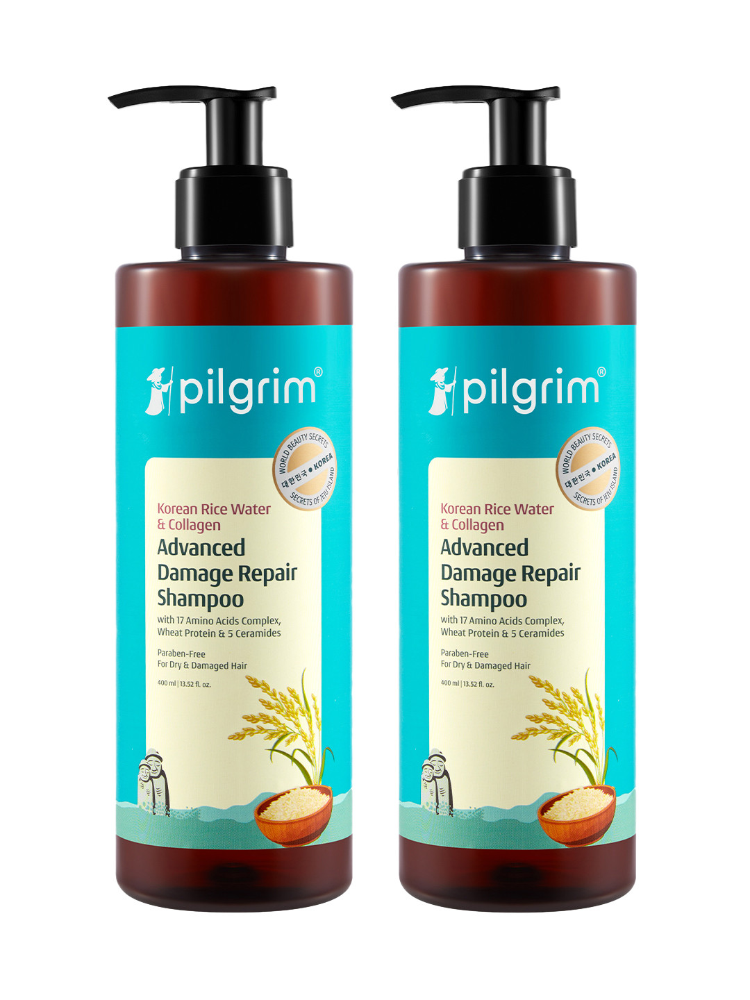 Pilgrim Set of 2 Korean Rice Water & Collagen Advanced Damage Repair Shampoo - 400ml each