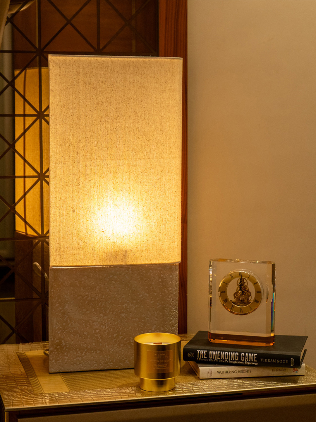 AARVI DECOR STUDIO Beige Textured Adjustable Triangle Shaped Table Lamp