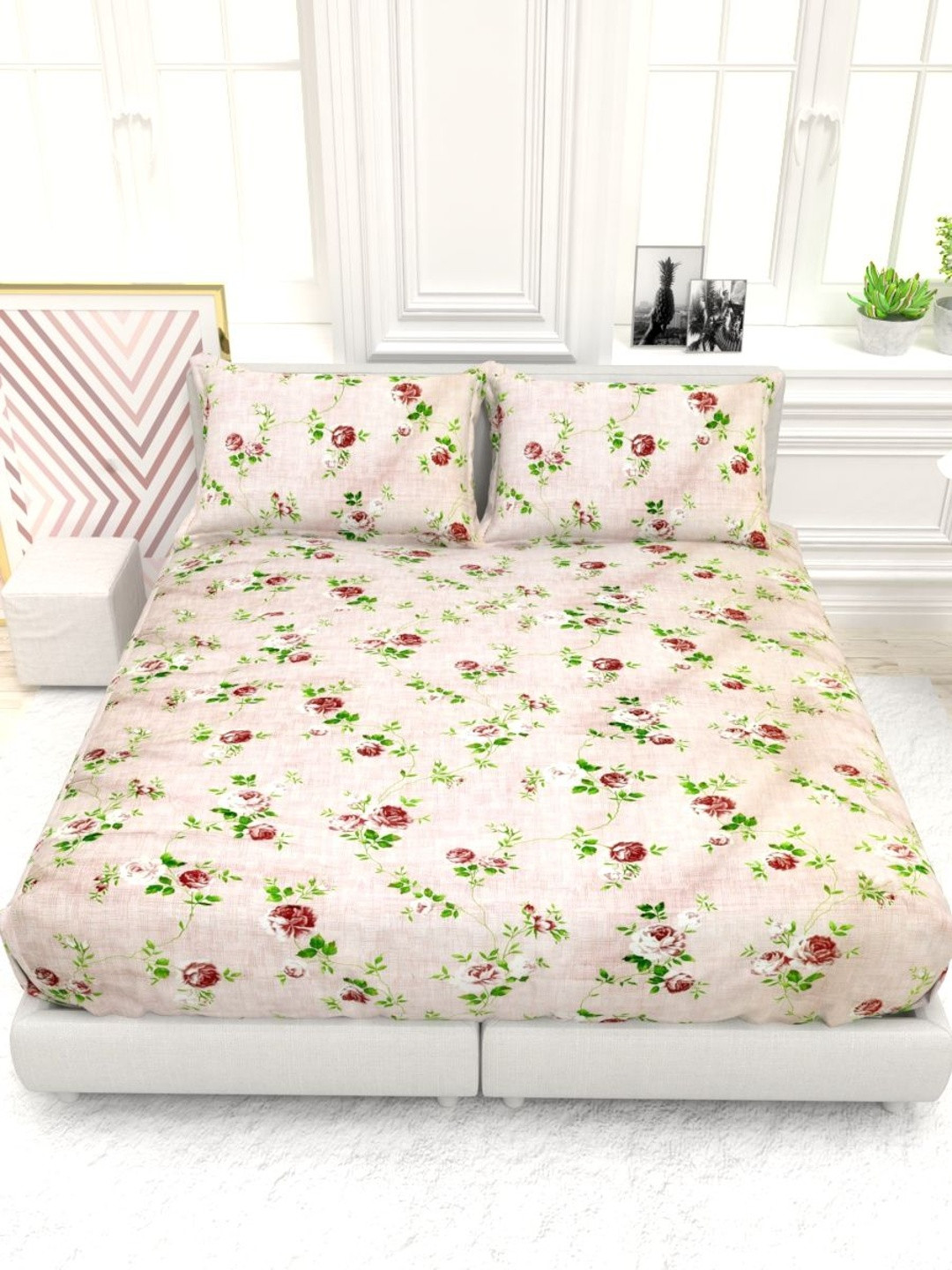 THE WHITE MOSS Pink Floral 220 TC Queen Bedsheet with 2 Pillow Covers