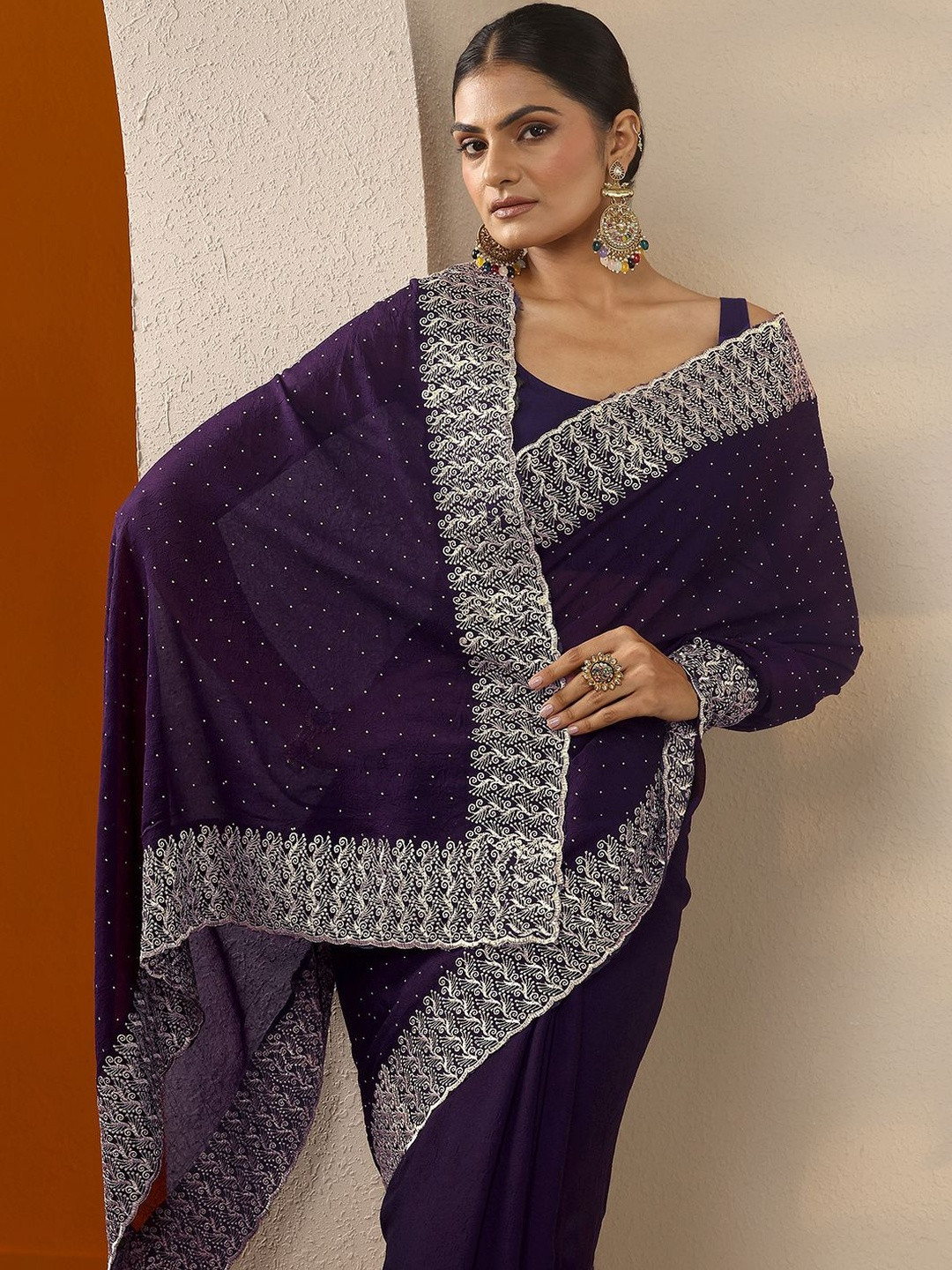 Libas Embellished Embroidered Silk Blend Heavy Work Saree
