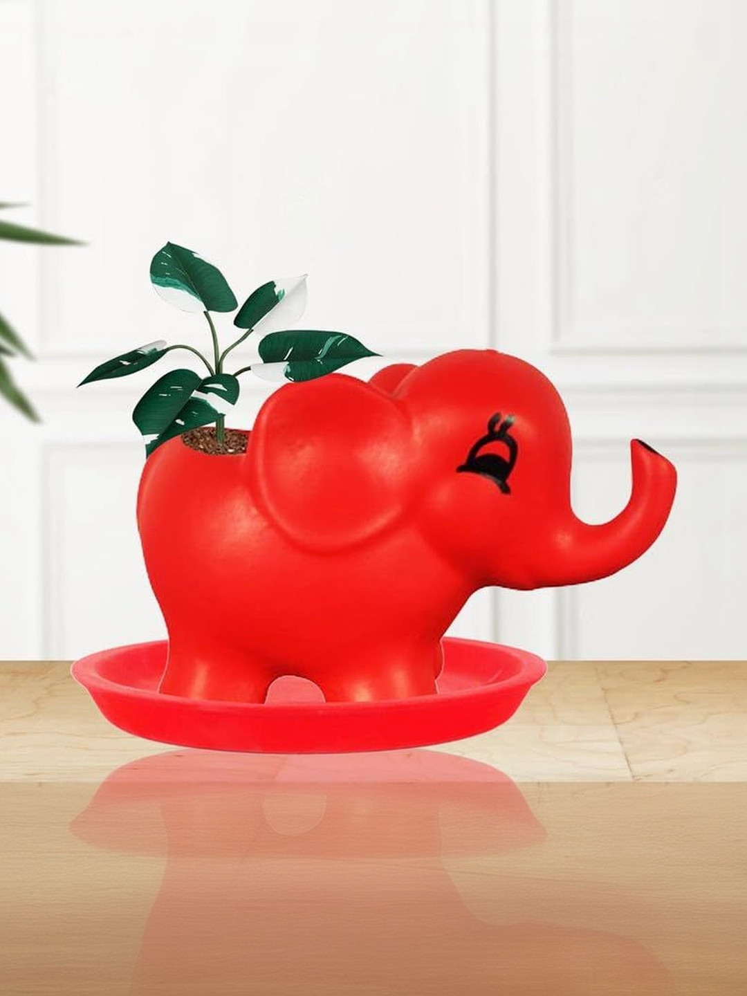 LASAKI Jumbo Red & Black Elephant Shaped Ceramic Planter With Plate