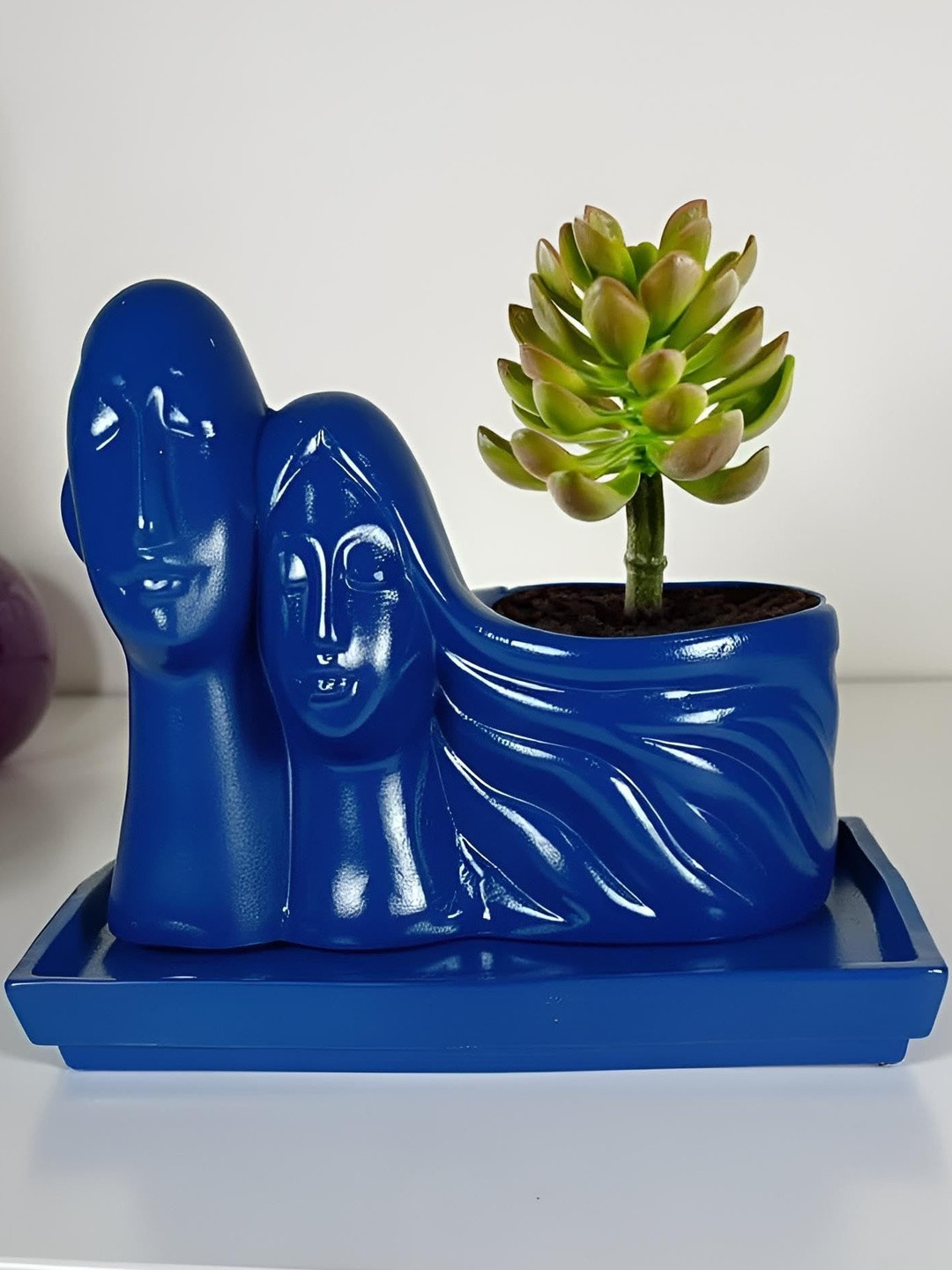 LASAKI Couple Blue Ceramic Planter With Plate