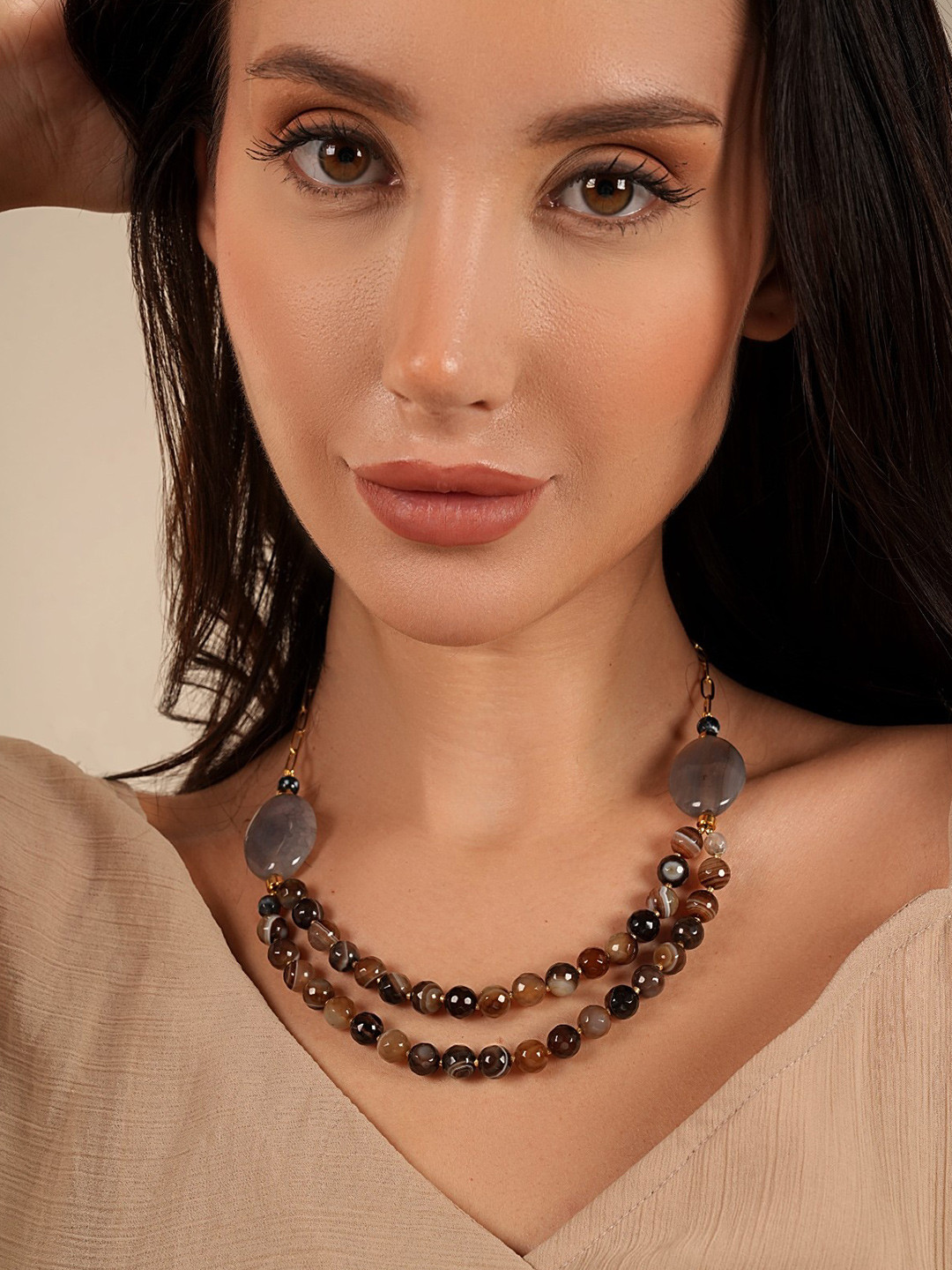 Basraa Women Double Layered Beaded Necklace with Gold Chain