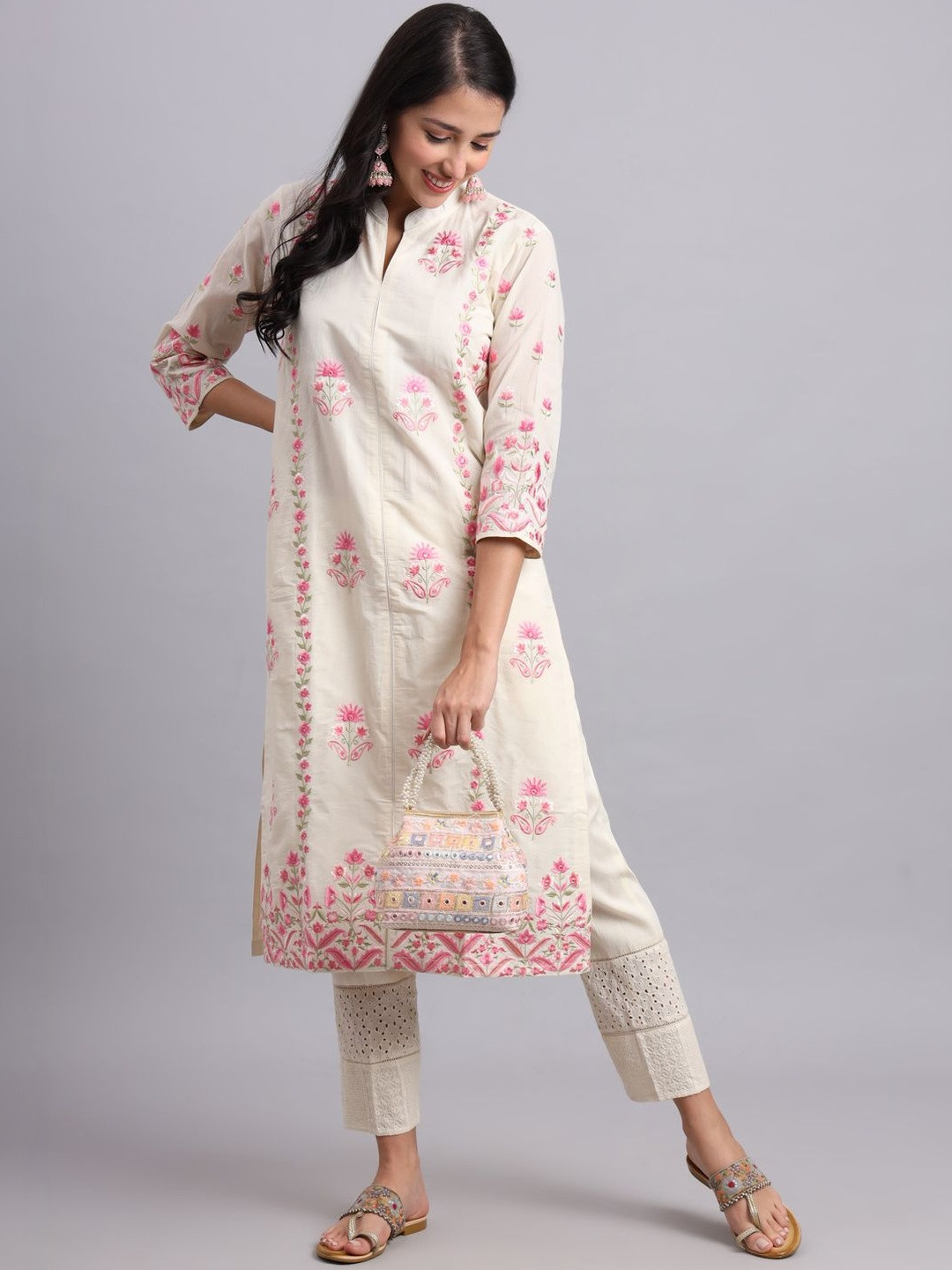 WOMEN'S KURTI FASHION Women Floral Embroidered Regular Thread Work Pure Cotton Kurta with Trousers