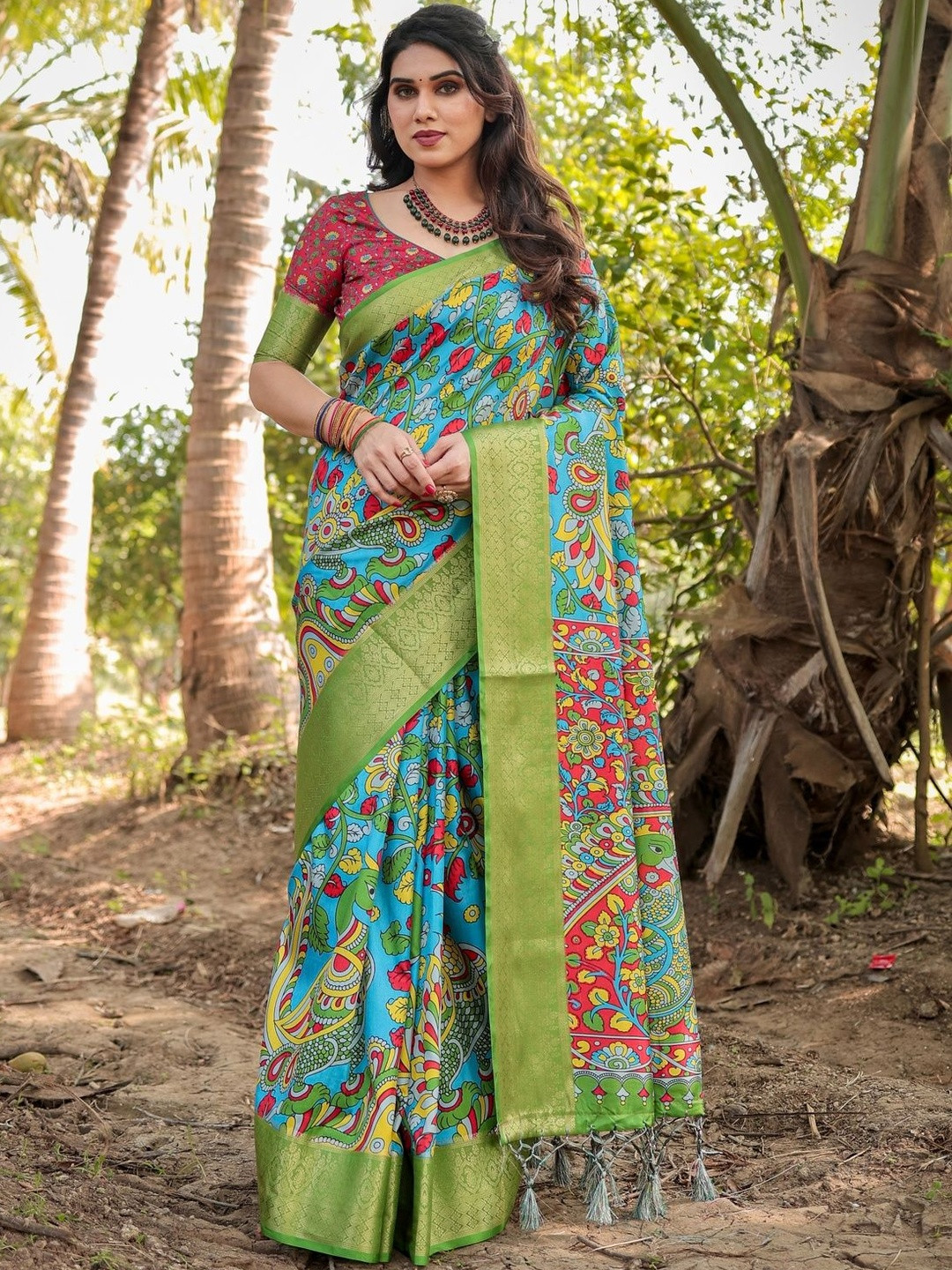 ALMAARI FASHION Floral Printed Jamdani Saree With Tassels On Pallu