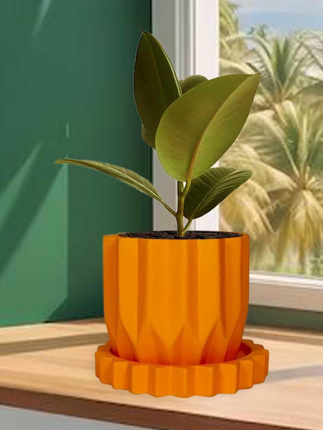 LASAKI Montra Orange-Coloured Textured Ceramic Durable Planter With Plate