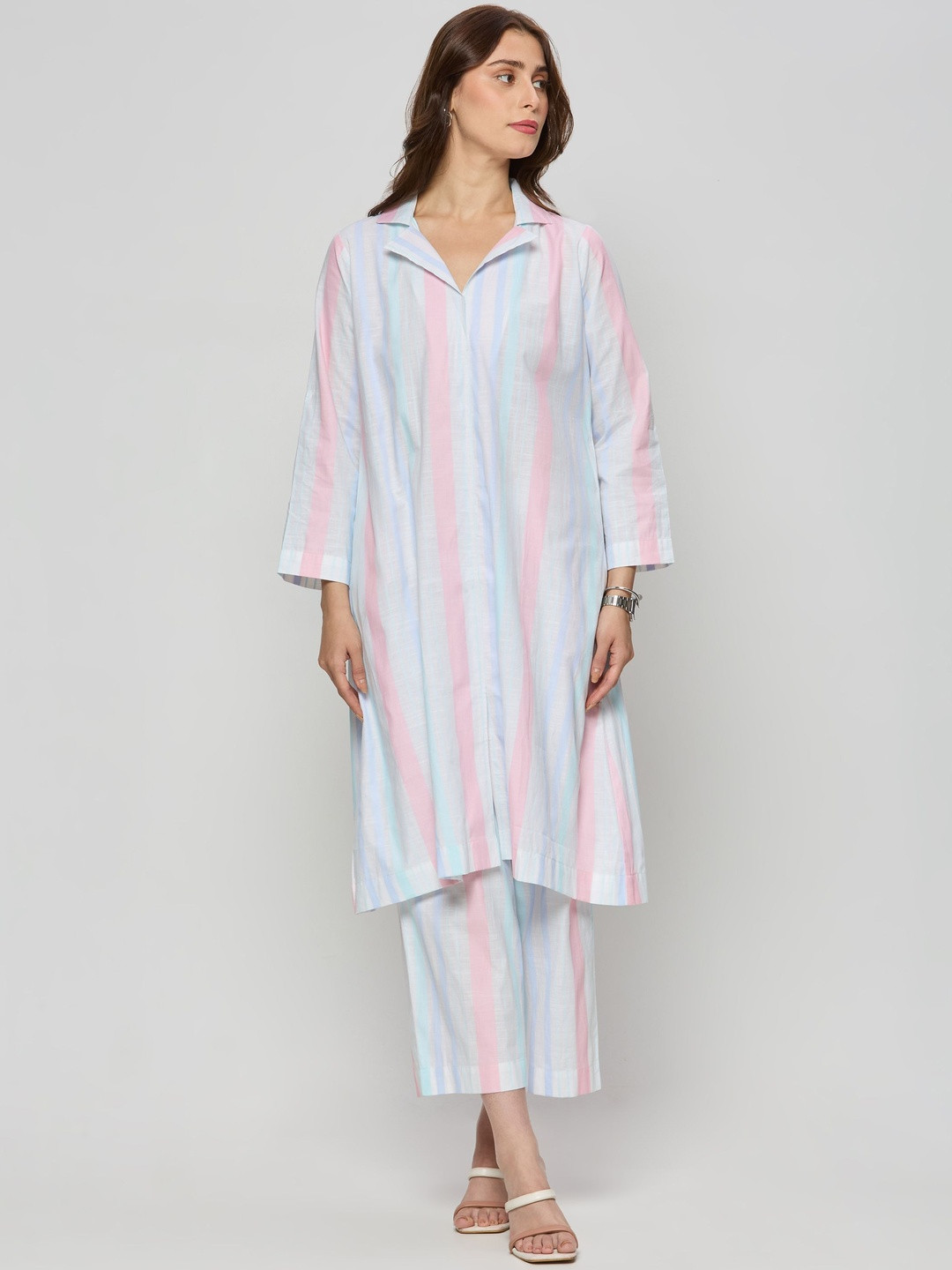 Autumn Hues Striped Shirt Collar Long Sleeves Top With Palazzos