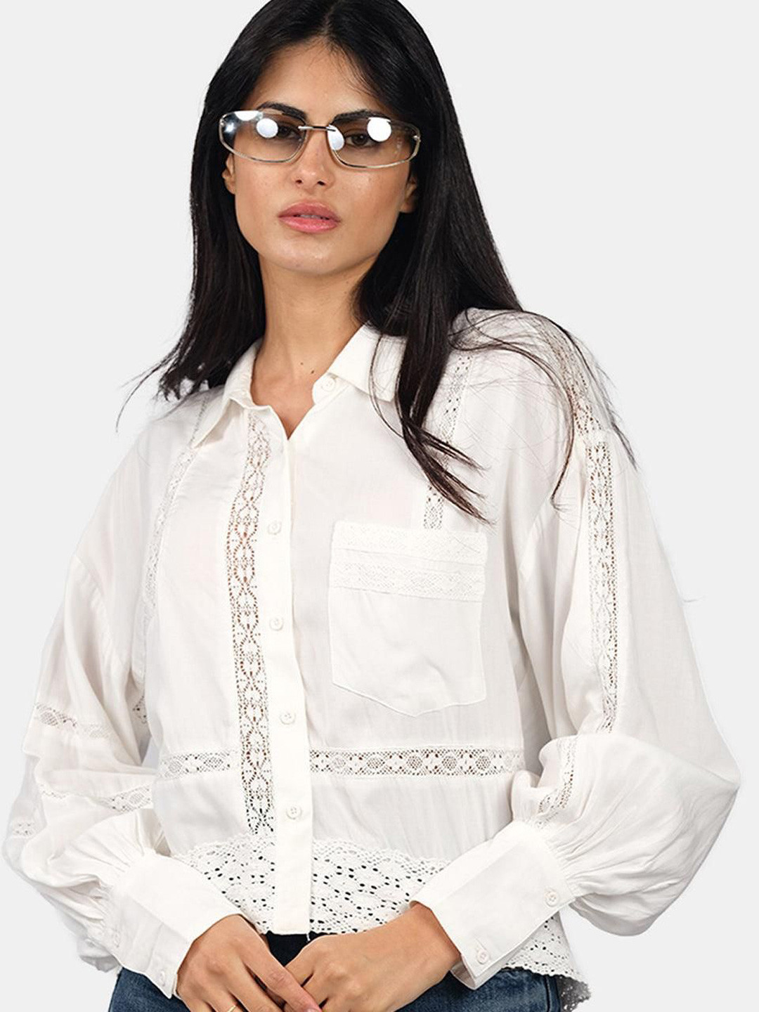 Virgio Women Solid Viscose Long Sleeves Spread Collar Lace Accent Shirt