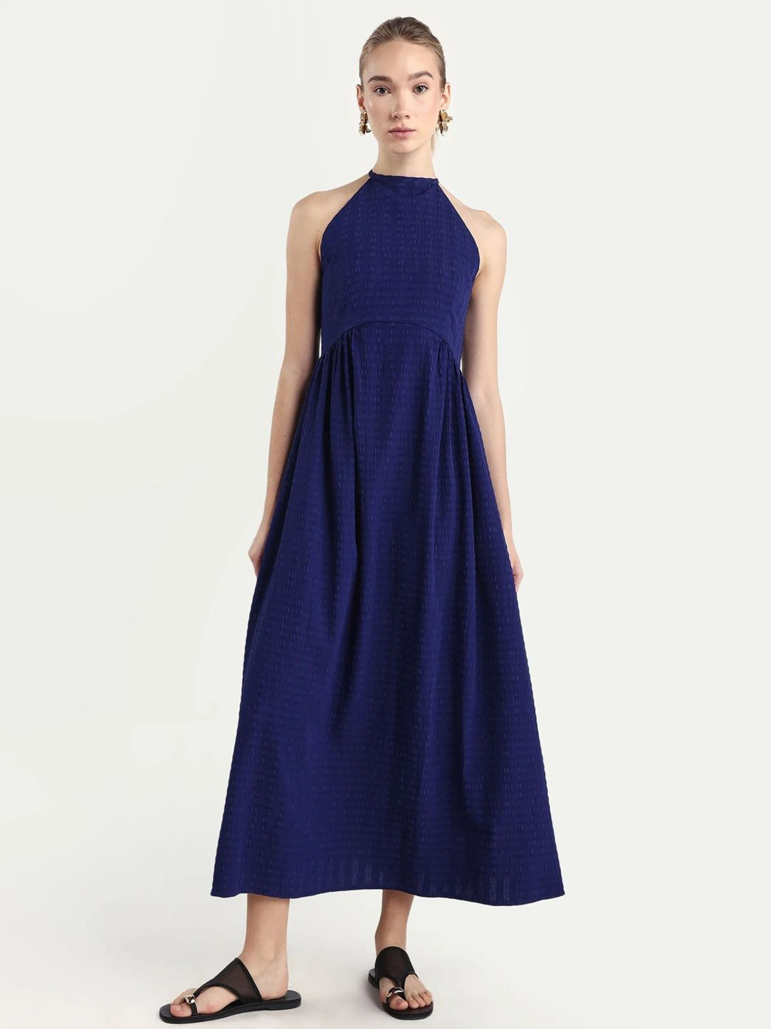RAREISM Women Blue Fit And Flare Fit Sleeveless Halter Neck Dress