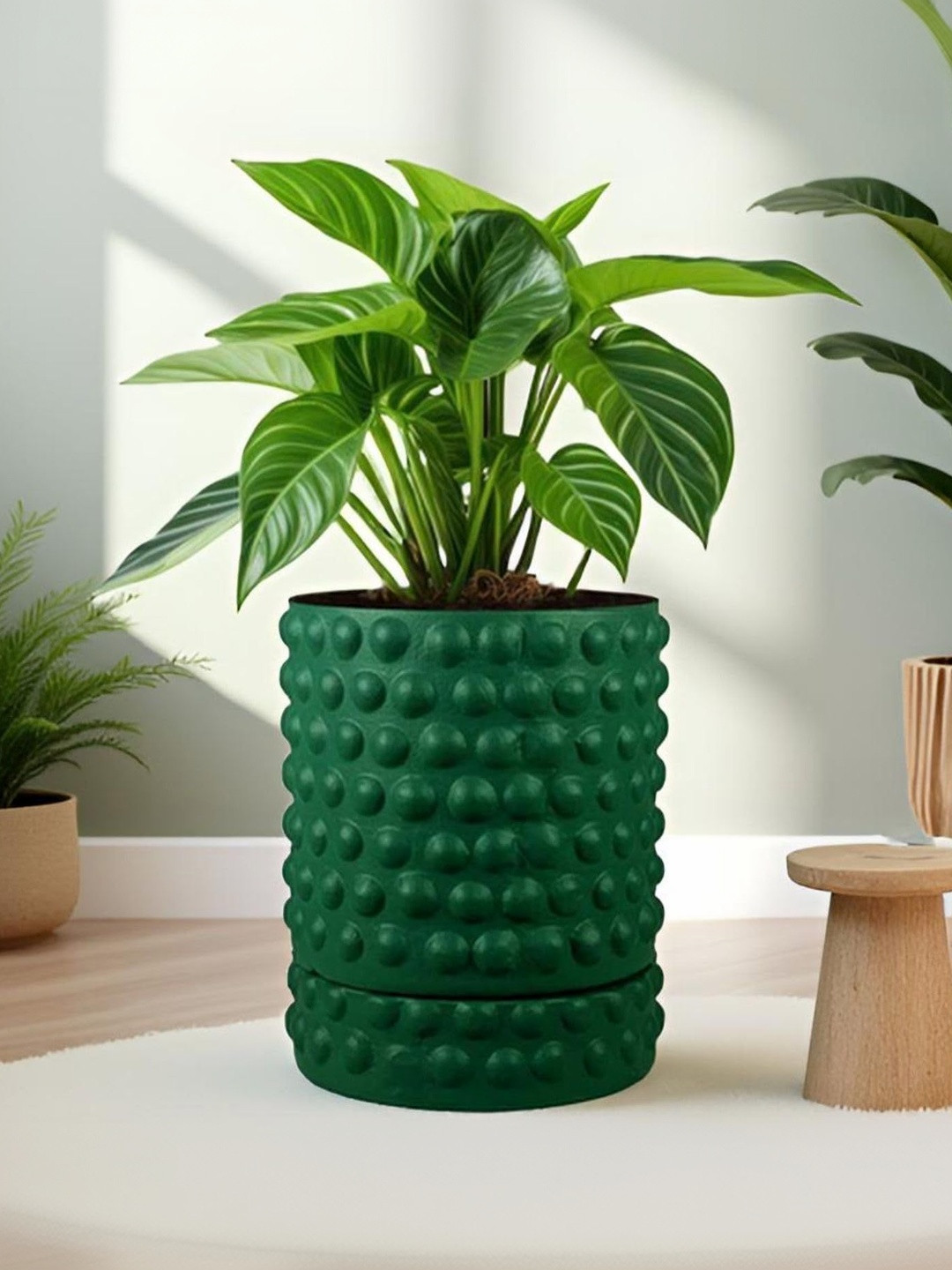 LASAKI Bubble Green Ceramic Handmade Small Planter With Plate
