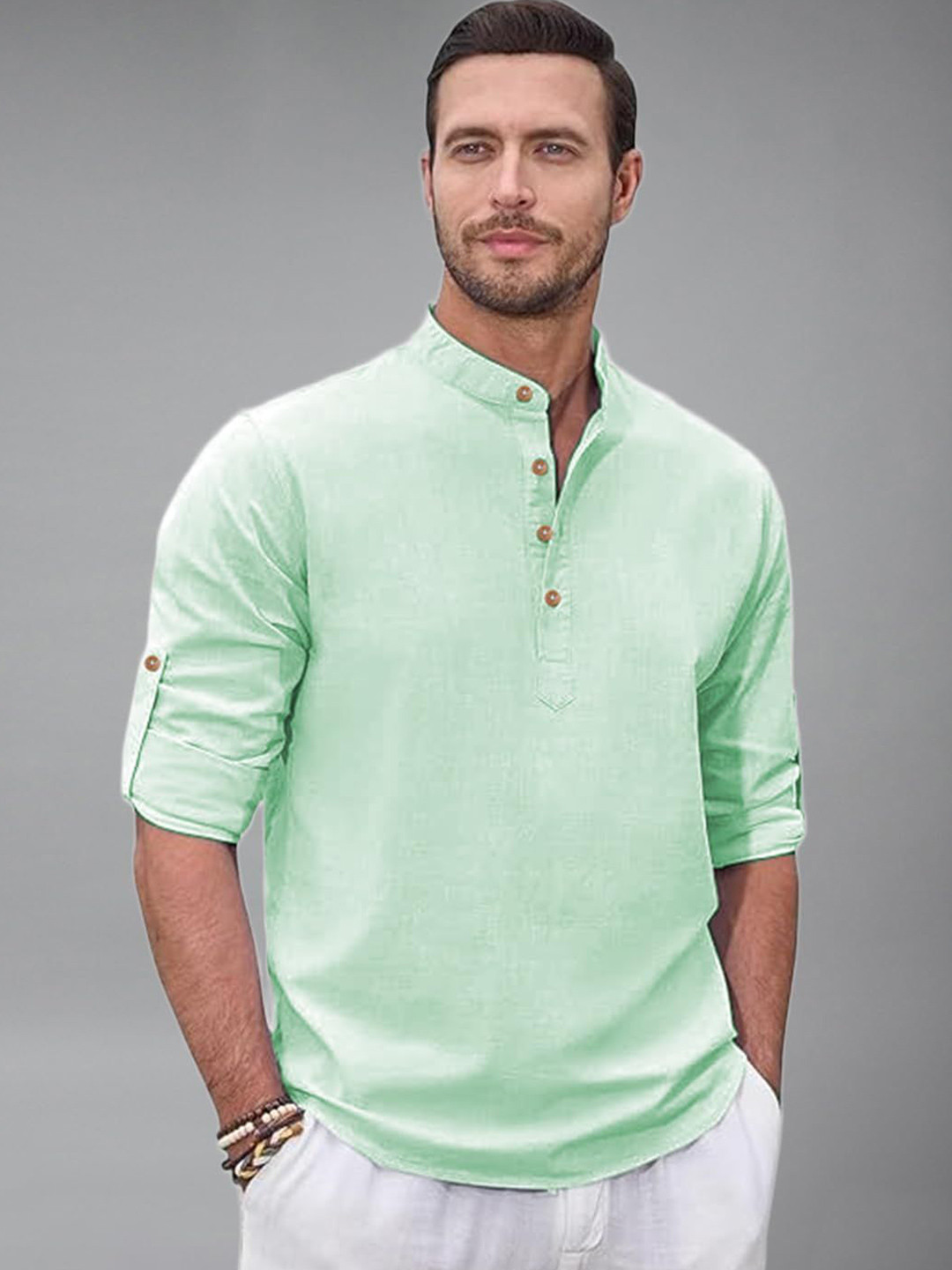 HAZEL CLOTHING Band Collar Pure Cotton Roll-Up Sleeves Straight Short Kurta