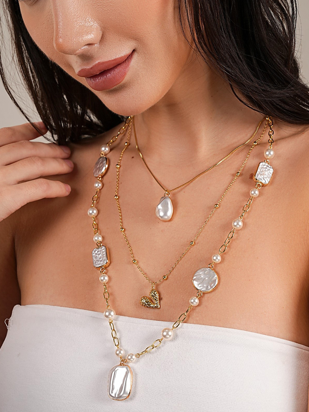 Basraa Brass Gold-Plated Chain & Pearl Charm Layered Necklace