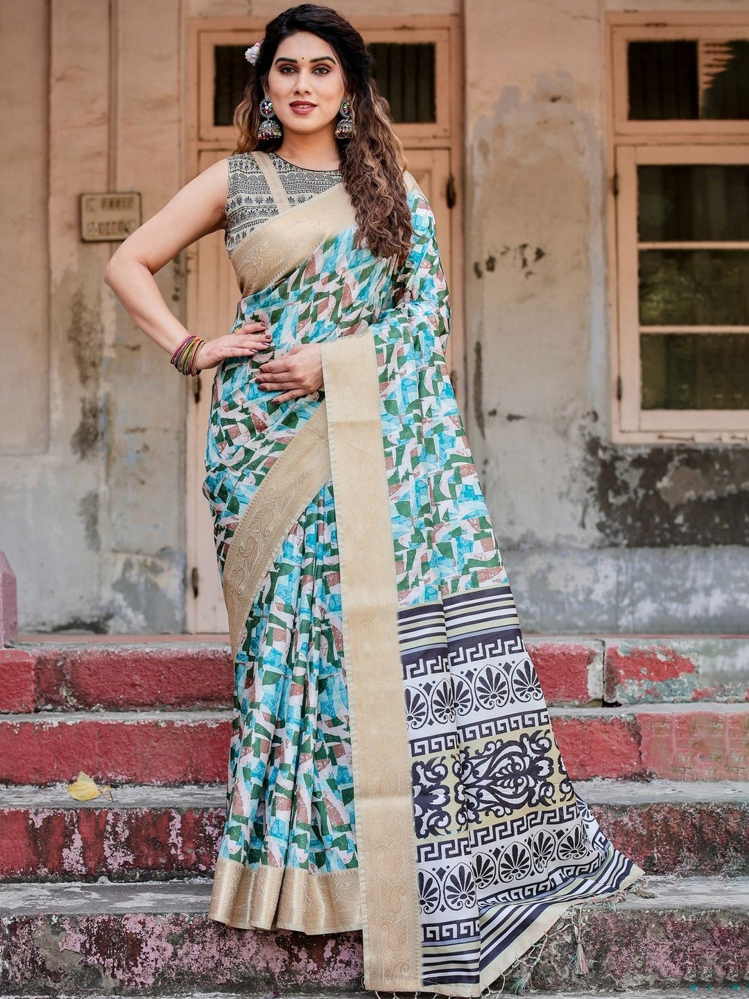 ALMAARI FASHION Abstract Floral Printed Banarasi Saree