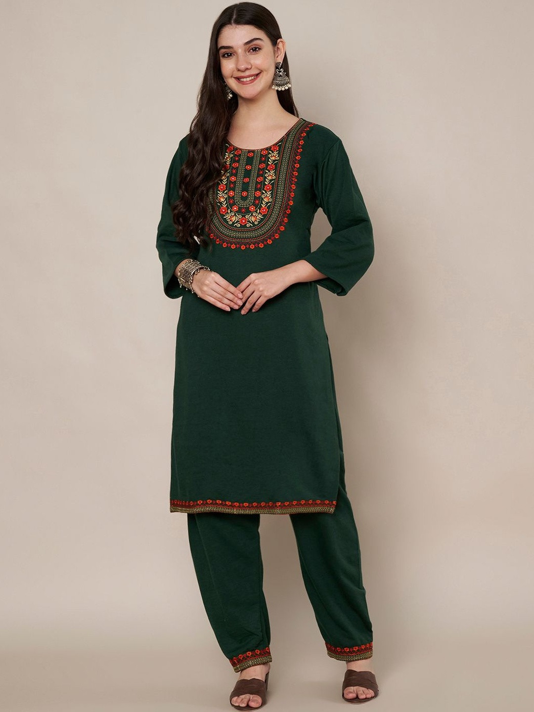 Trend Level Women Ethnic Motifs Embroidered Regular Thread Work Pure Wool Kurta with Patiala