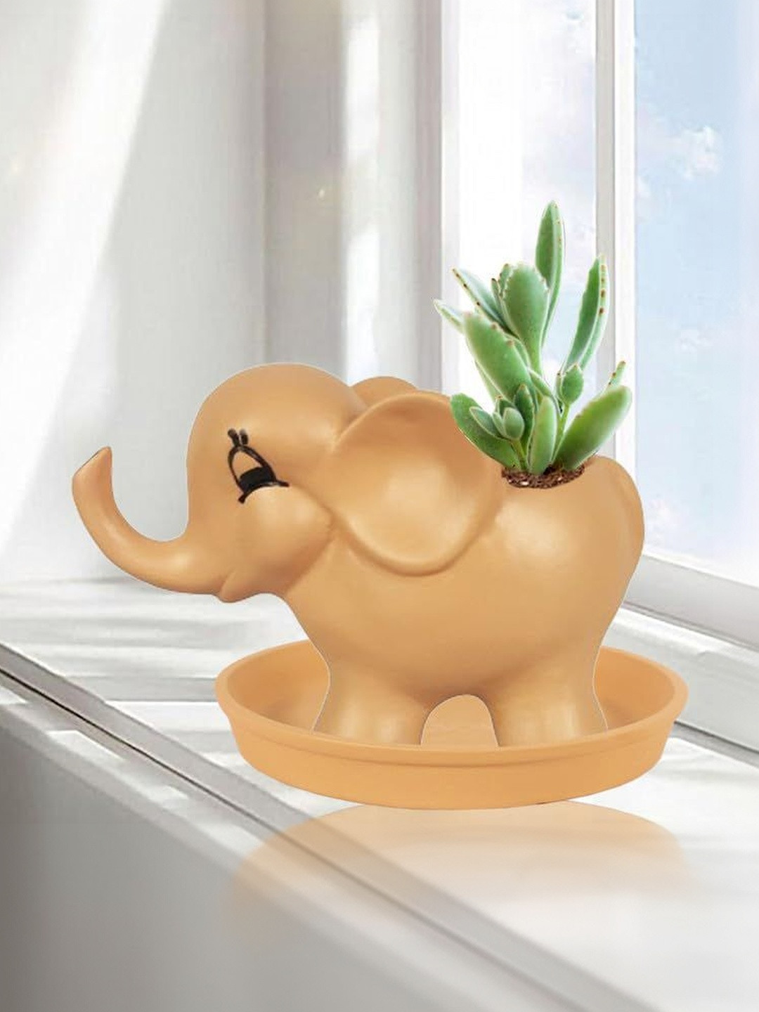 LASAKI Jumbo Brown & Black Elephant Shaped Ceramic Planter With Plate
