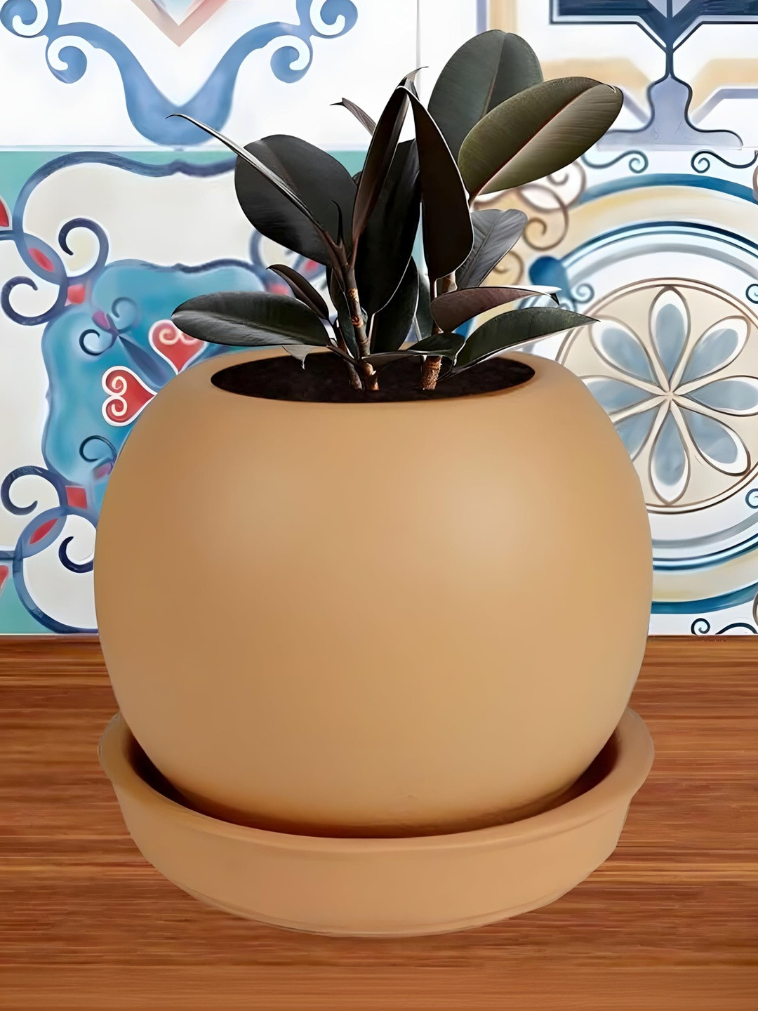 LASAKI Peblo Brown Ceramic Planter With Plate