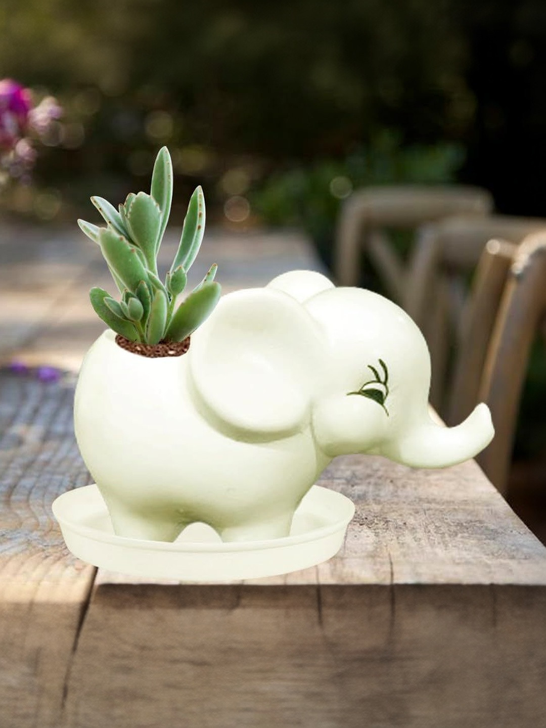 LASAKI White & Black Elephant Shaped Ceramic Ceramic Planter With Plate