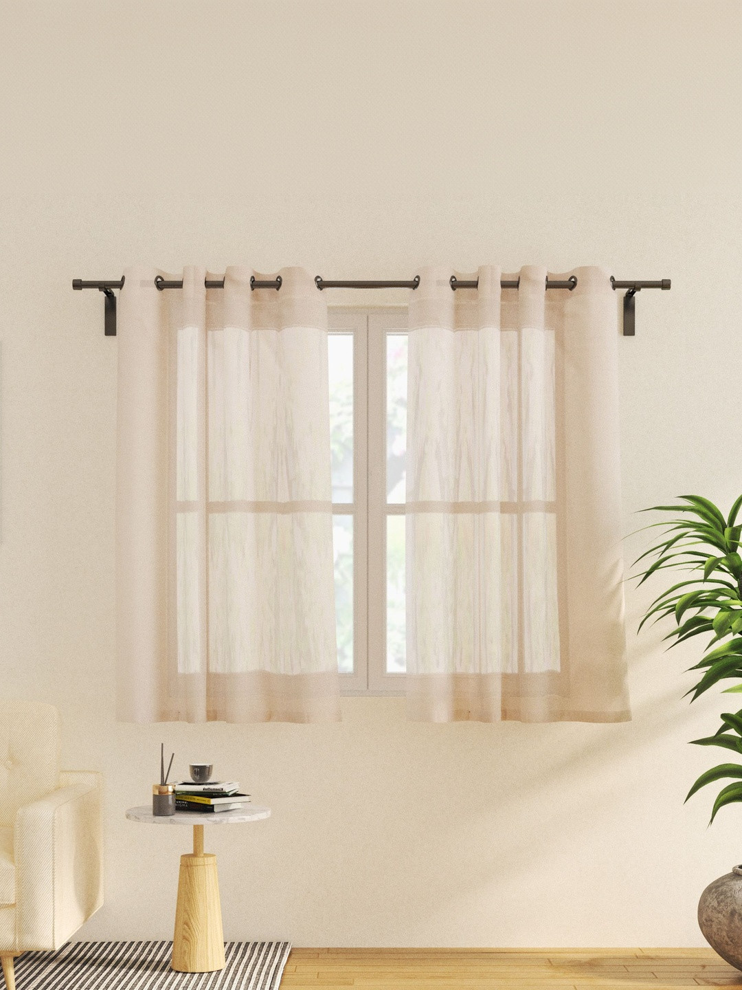 Home Centre Glimmer Dusk Adreine Beige Breathable 2 Pieces Window Sheer Eyelet Curtains