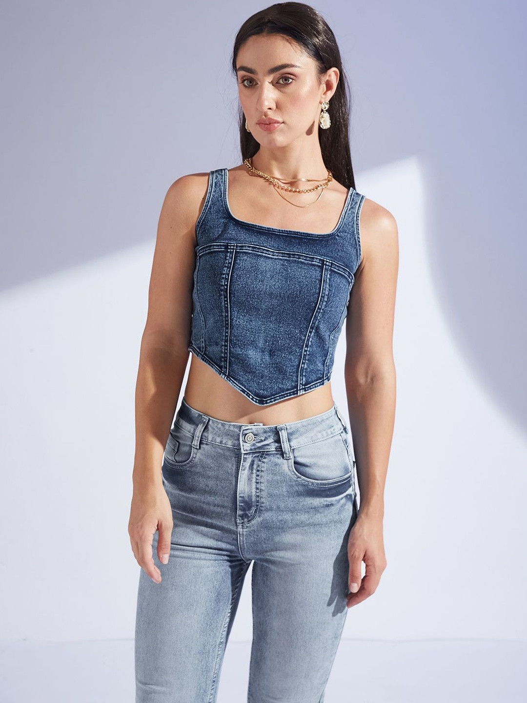 Miss Chase Women's Square Neck Sleeveless Zipper Corset Denim Crop Top