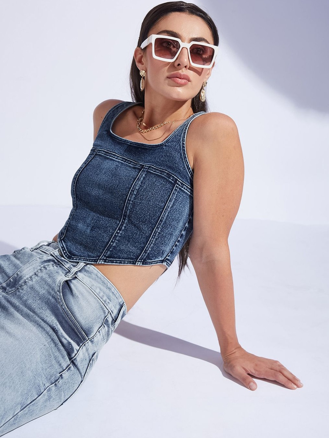 Miss Chase Women's Square Neck Sleeveless Zipper Corset Denim Crop Top