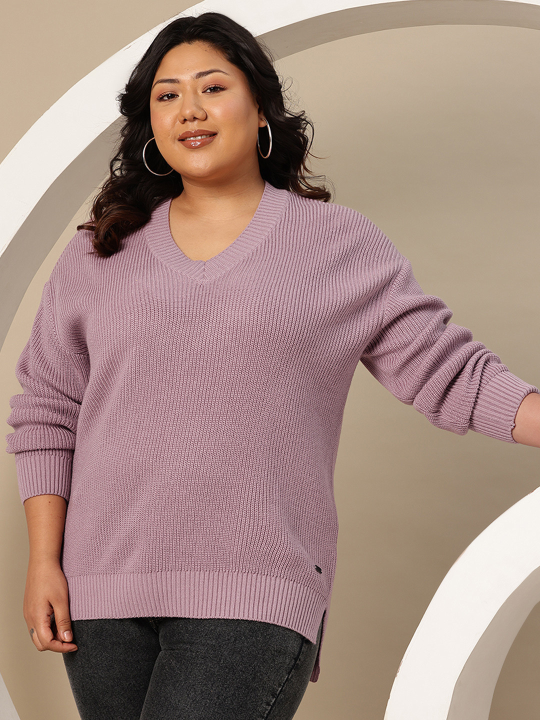Sztori Plus Size Acrylic Ribbed High-Low Pullover
