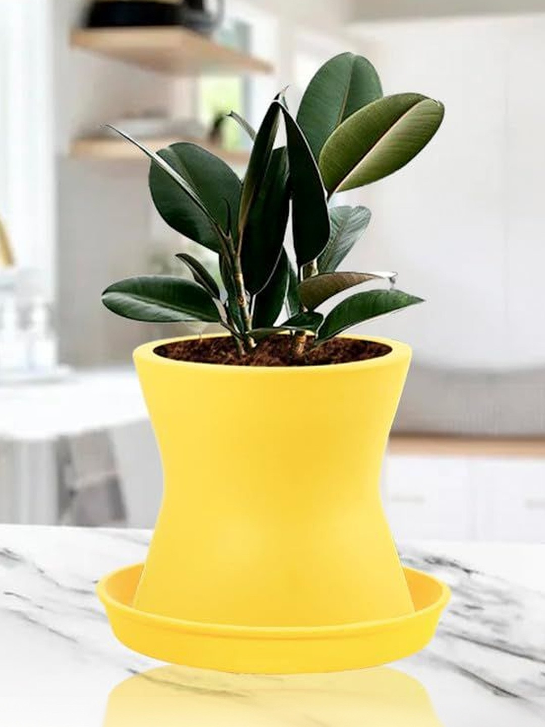 LASAKI Yellow Ceramic Planter With Plate