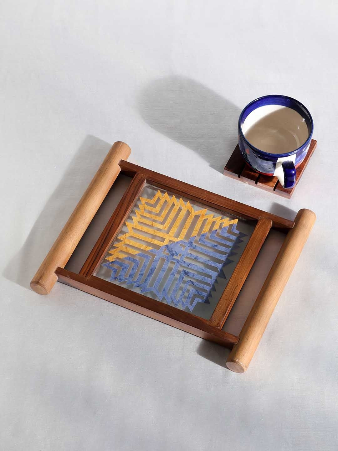 Eyaas Brown & Grey Cutwork Rectangular Wooden Serving Tray