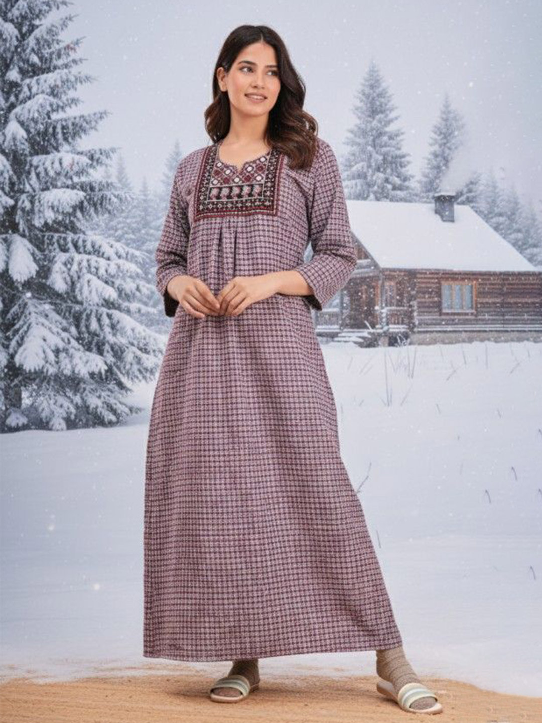 MAYA PRINT Women Embroidered Maxi Nightdress