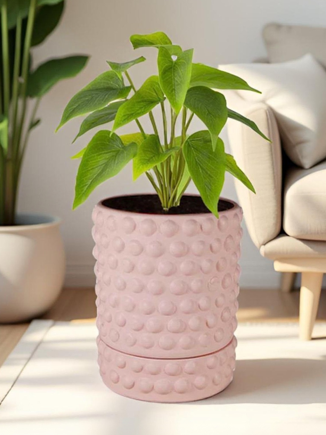 LASAKI Pink Textured Ceramic Durable Planter With Plate