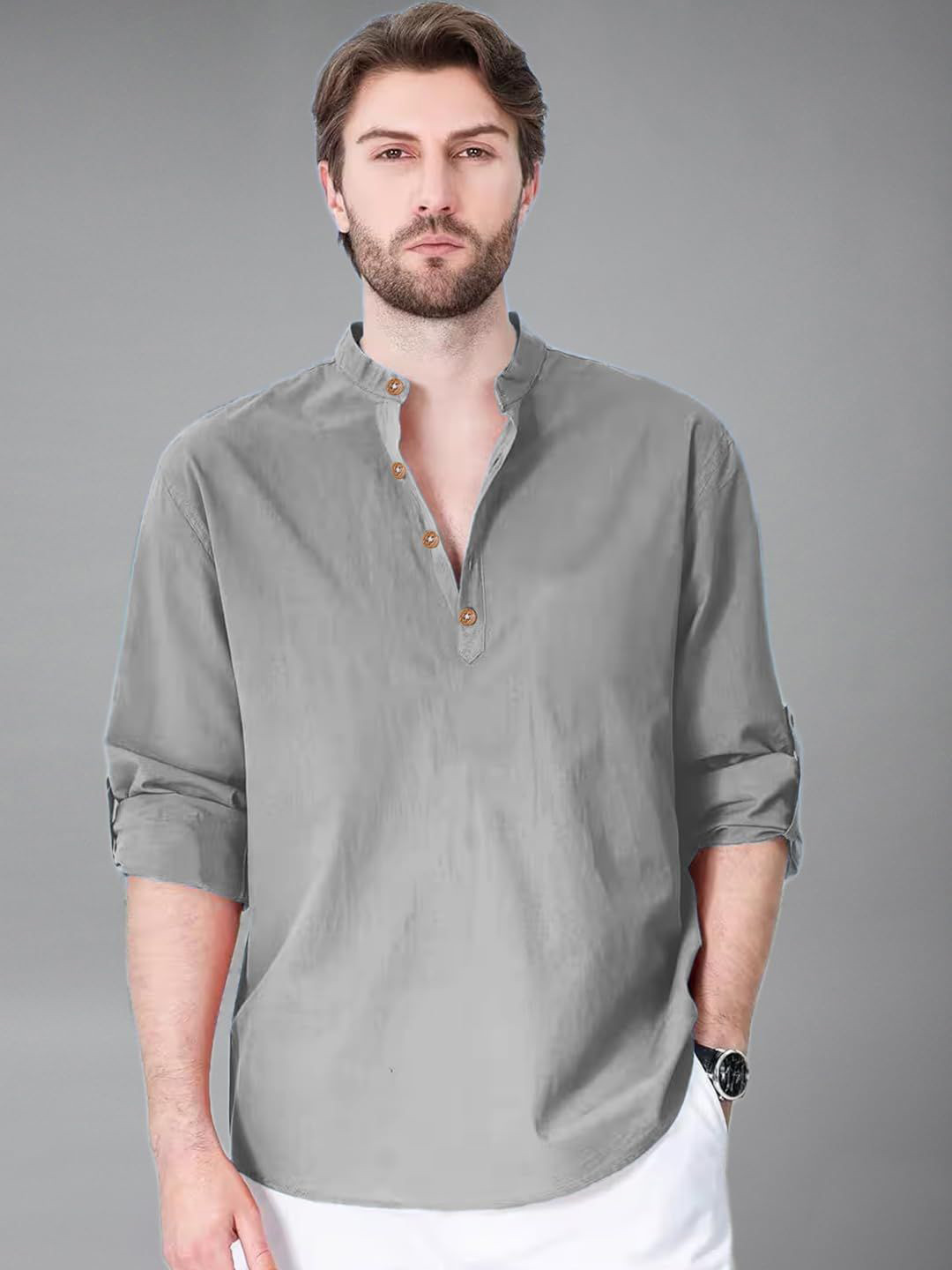 HAZEL CLOTHING Mandarin Collar Roll-Up Sleeves Pure Cotton Straight Kurta