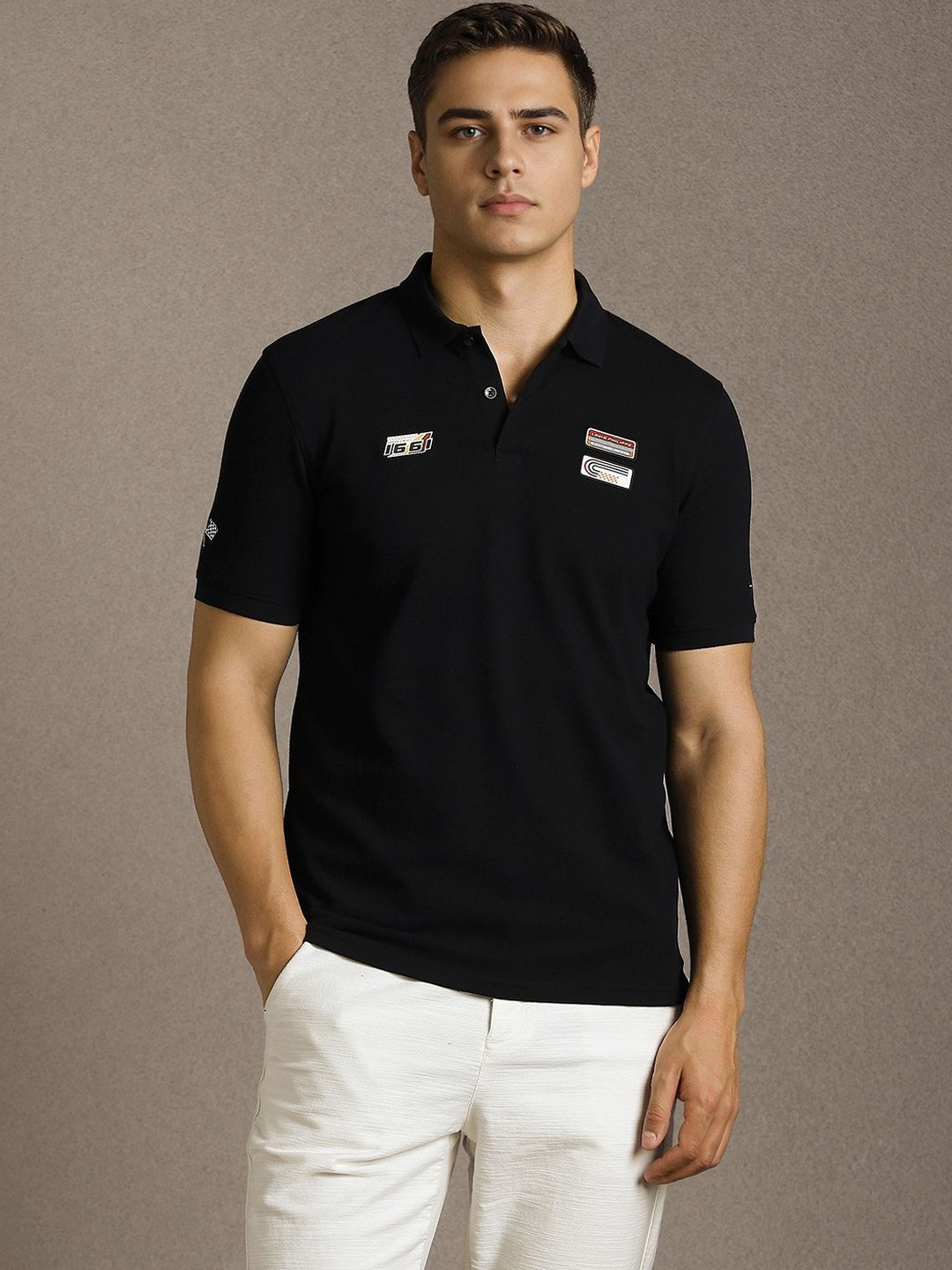 Louis Philippe Sport Men Printed Polo Collar Applique Slim Fit T-shirt