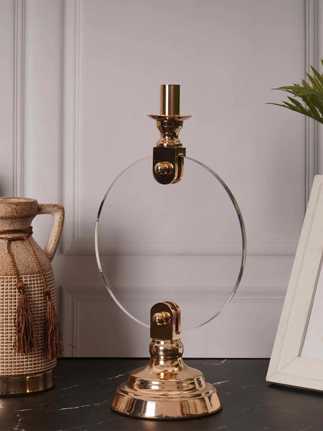 AARVI DECOR STUDIO Gold Toned & Transparent Round Glass Candle Stand