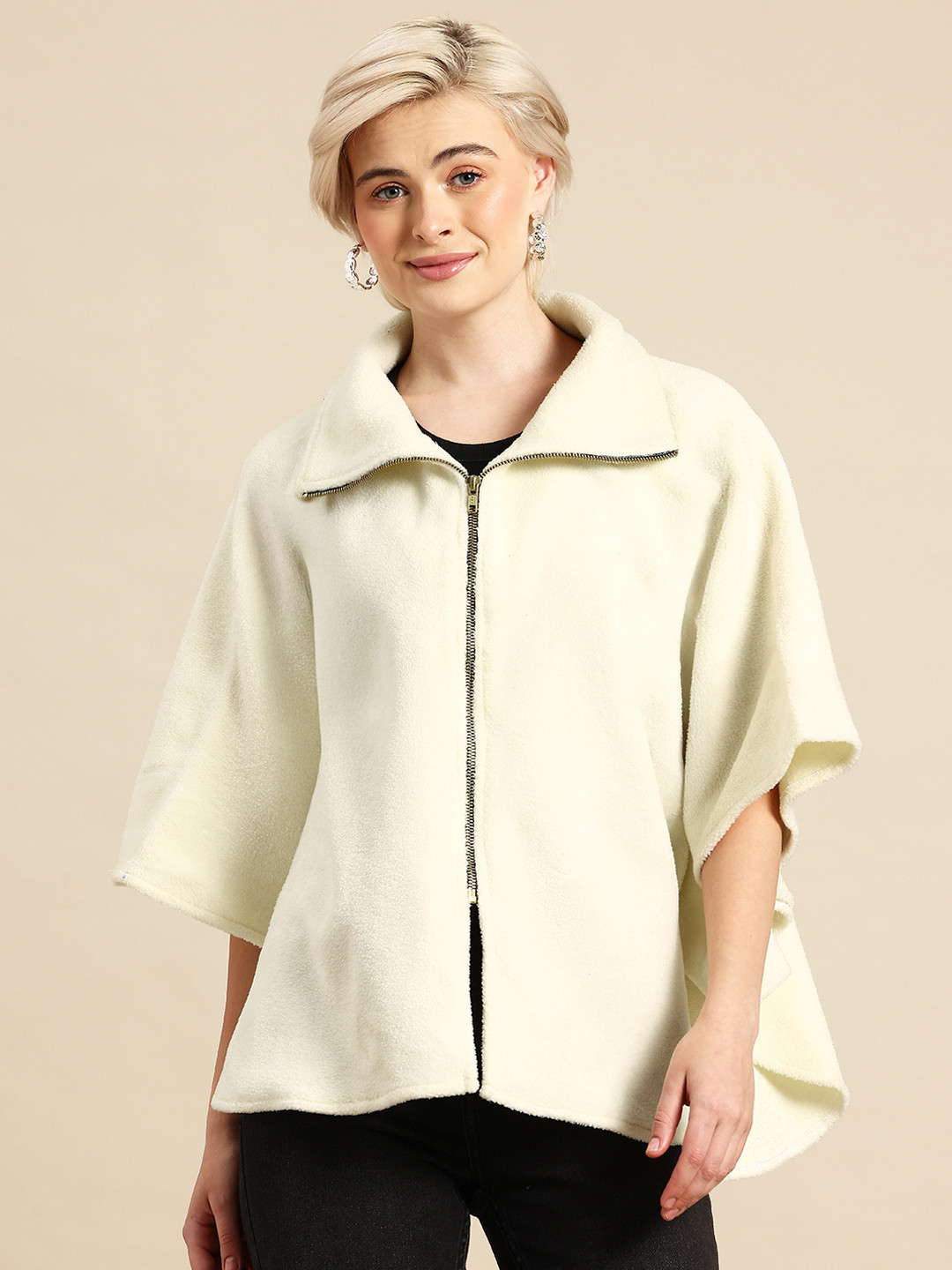 Qurvii Mock Collar Fleece Longline Poncho Jacket With High-Low Hemline