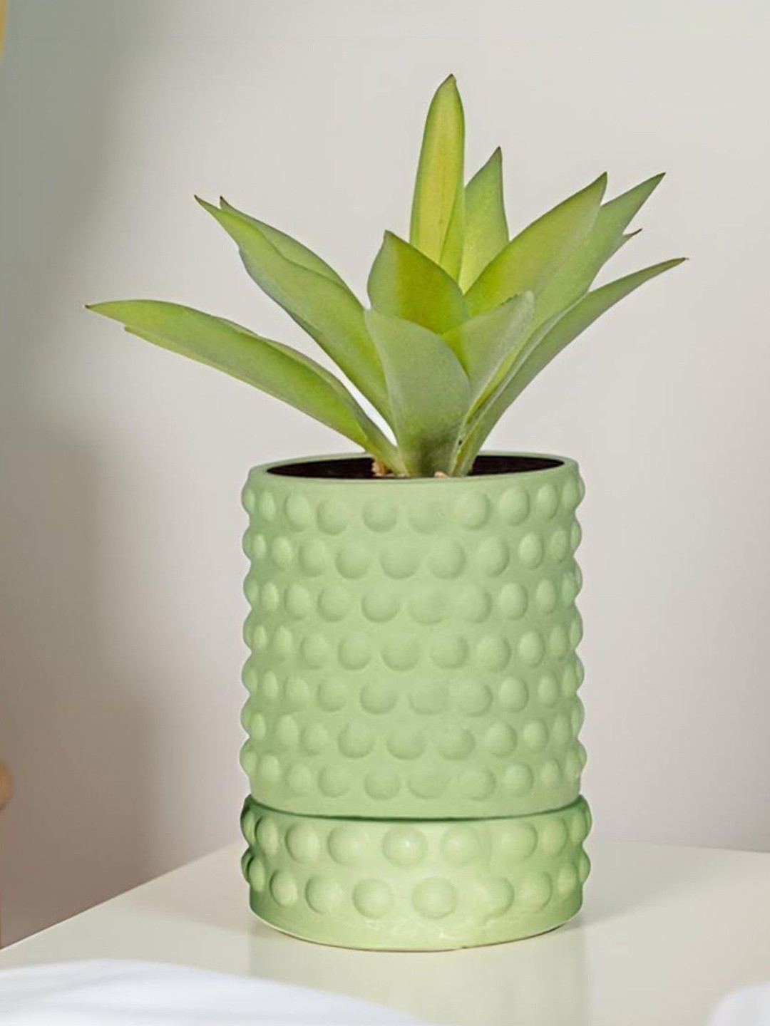 LASAKI Lime Green Textured Bubble Ceramic Durable Planter With Plate