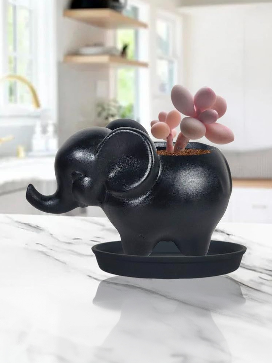 LASAKI Jumbo Black Elephant Shaped Ceramic Planter With Plate