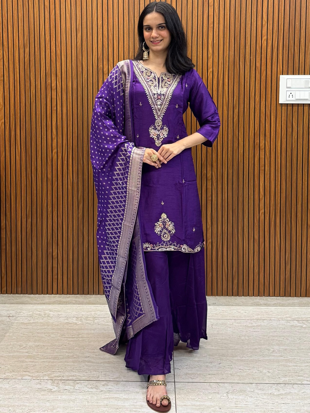 KUMKUM COLLECTION Women Ethnic Motifs Embroidered Regular Raw Silk Kurta with Sharara & With Dupatta