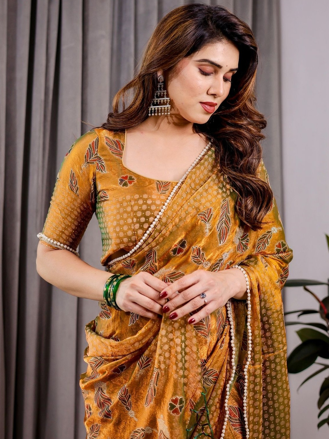 ALMAARI FASHION Floral Printed Pearls Beaded Leheriya Saree