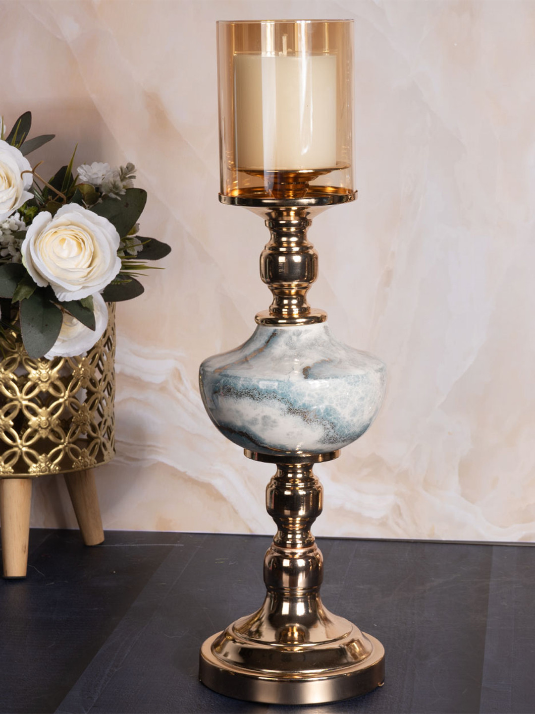 AARVI DECOR STUDIO Gold Toned & Marble Finish Metal Candle Holder