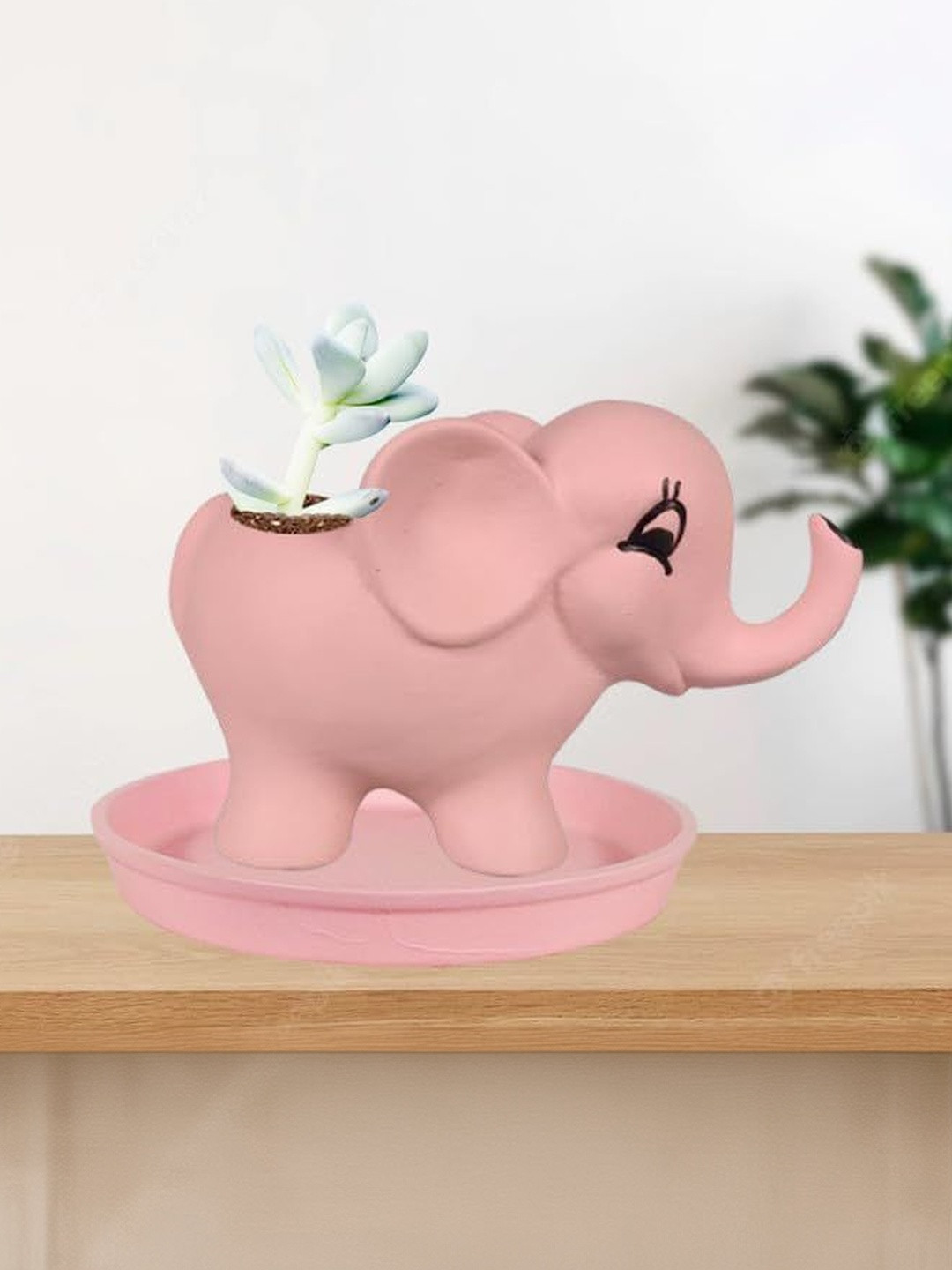 LASAKI Jumbo Pink & Black Elephant Shaped Ceramic Planter With Plate